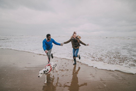 Two people with a dog on a leash along the shoreline of a sandy beach