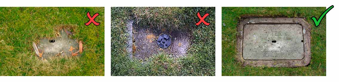 photos of meter lids overgrown with grass and then cleared