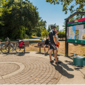 Cyclist looking at local trail map