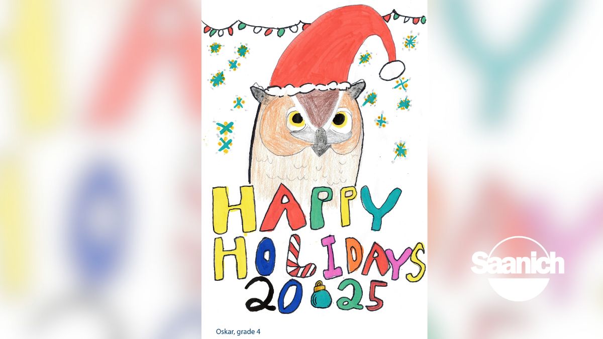 A drawing of a Great Horned Owl wearing a santa hat with Happy Holidays 2025 written underneath