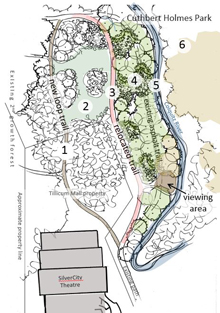 Map of Cuthbert Holmes Park showing the area of trail work and hawthorn tree removals