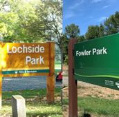 Picture of both the Lochside Park and Fowler Park signs facing each other