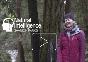 Image of a women by a tree with the Natural Intelligence Saanich Parks logo and a play now icon
