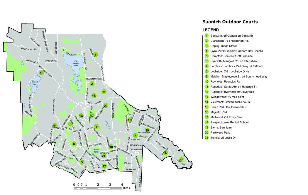 Map of Saanich outdoor tennis and pickleball courts