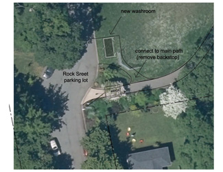 Map showing the new washroom building at Playfair Park will be near the parking lot off Rock St