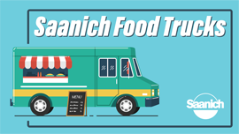 Drawing of a food truck with a canopy with the text Saanich Food Trucks