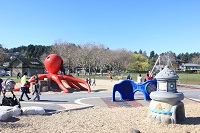 Riding past a giant octopus on a zip-line in Cadboro-Gyro Park